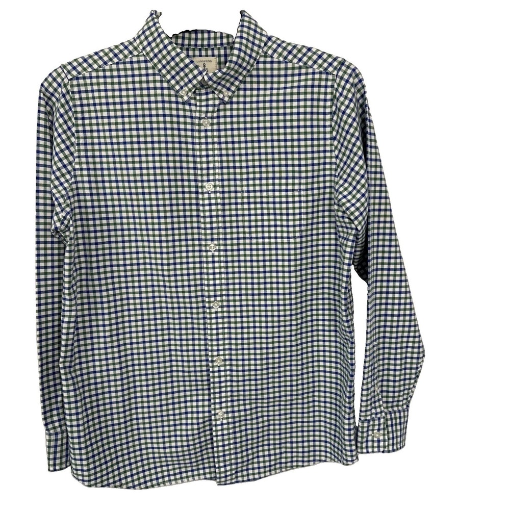 Lands' End Dress Shirt Kids XL (18-20) Blue & Green Gingham Check Pattern